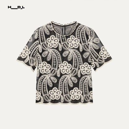 刺繍レーストップス＆プリーツフリンジスカートセット