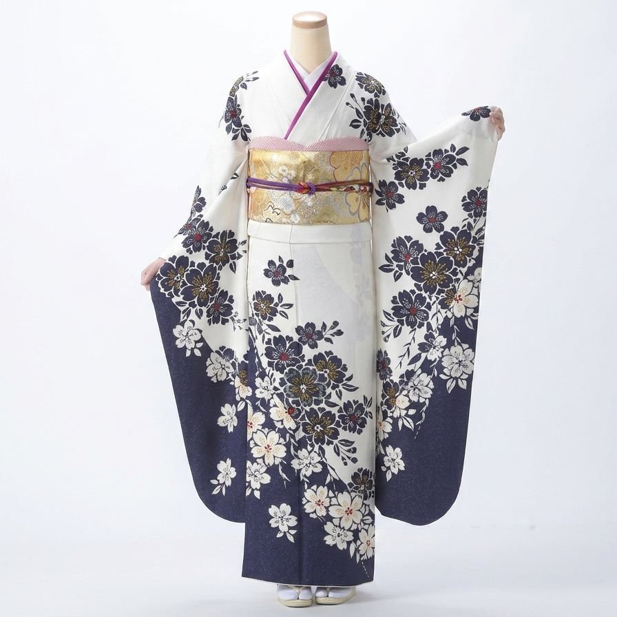 【振袖】白地・紺青 桜唐草文様