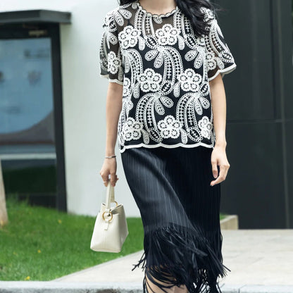 刺繍レーストップス＆プリーツフリンジスカートセット